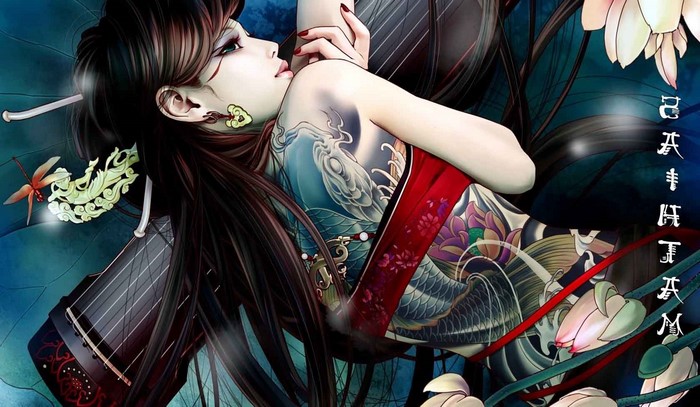 Fantasy Woman with Intricate Dragon Tattoo and Floral Accents