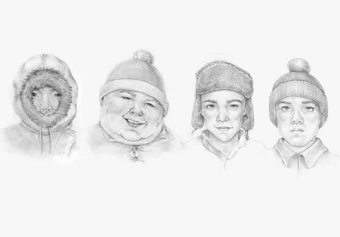 South Park characters Kyle, Cartman, Stan, and Kenny drawings