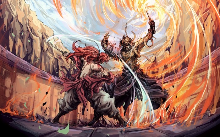 Samurai fighting with swords and fire effects