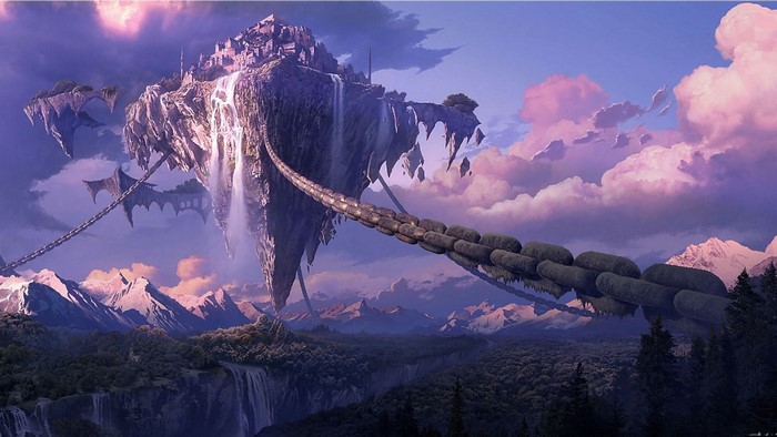 Fantasy floating islands with waterfalls and chains