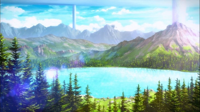 Anime landscape with mountains and lake