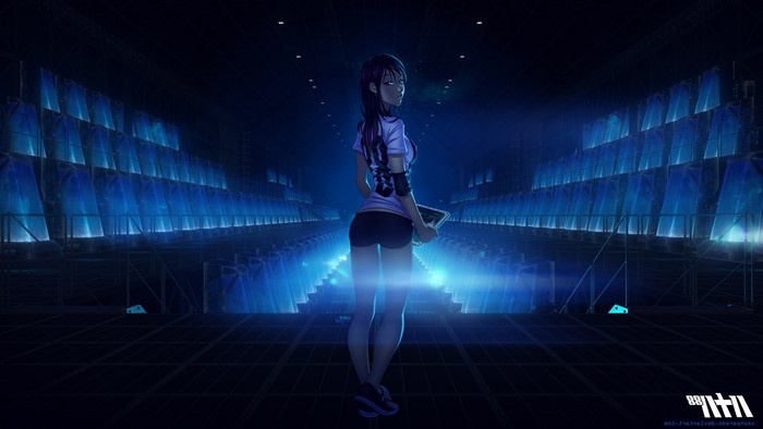 Anime girl in futuristic stadium holding a tablet