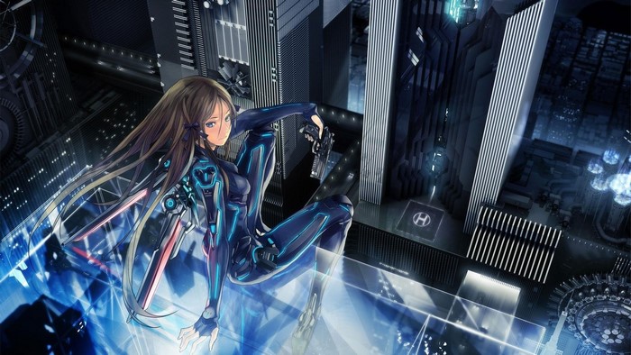 Anime girl in futuristic suit with gun in city