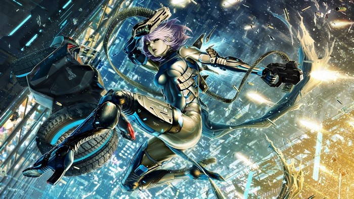 Cyborg woman with guns in futuristic city