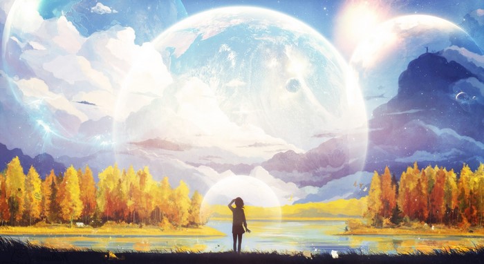 Fantasy landscape with planets and a lone figure