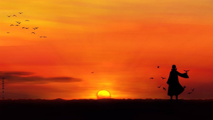 Itachi Uchiha from Naruto with birds at sunset