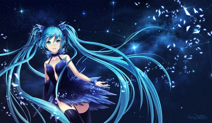 Hatsune Miku in a blue dress in space