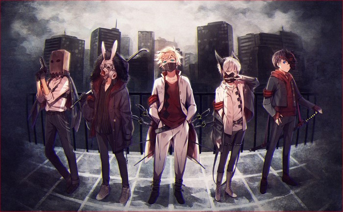 Five anime boys with masks and weapons in a city at night
