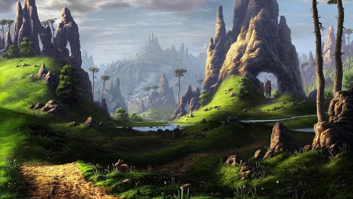 Fantasy landscape with rocky spires and a rider