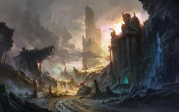 Fantasy landscape with ancient ruins and mountains
