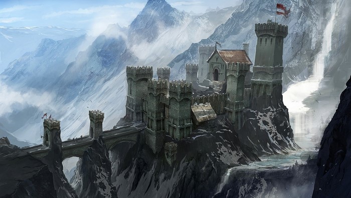 Majestic Castle on Mountain Cliff with Waterfall in Skyhold