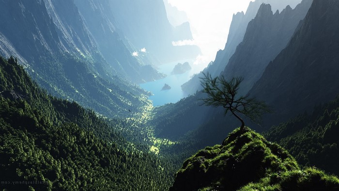Digital art of a valley with a lake and mountains