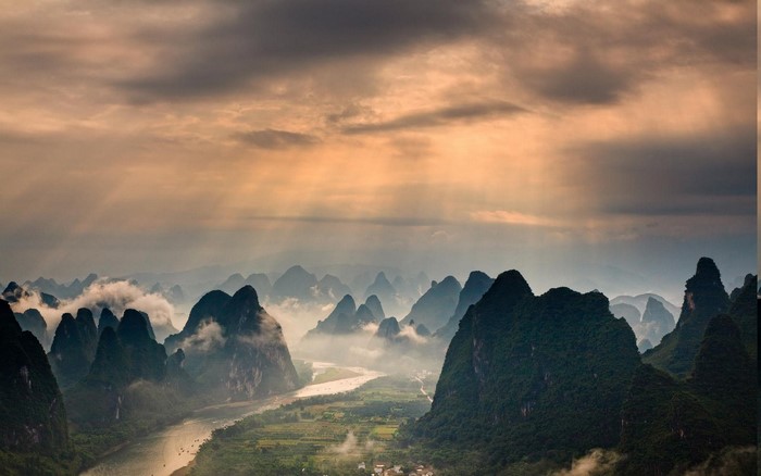 Karst mountains and river in Guilin, China at sunrise
