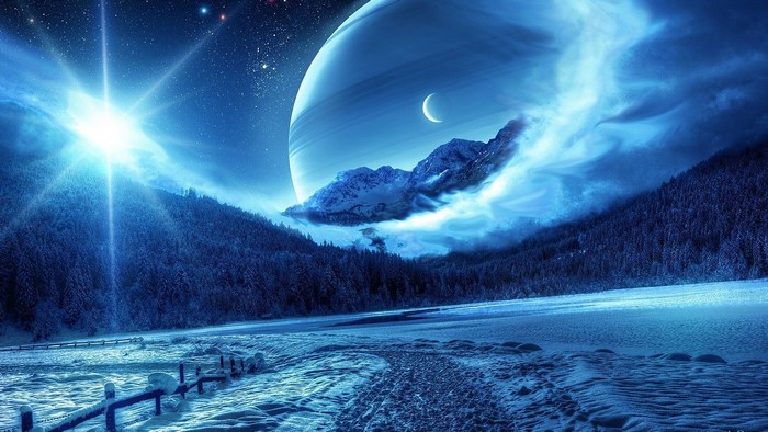 Alien planet landscape with rings and moon
