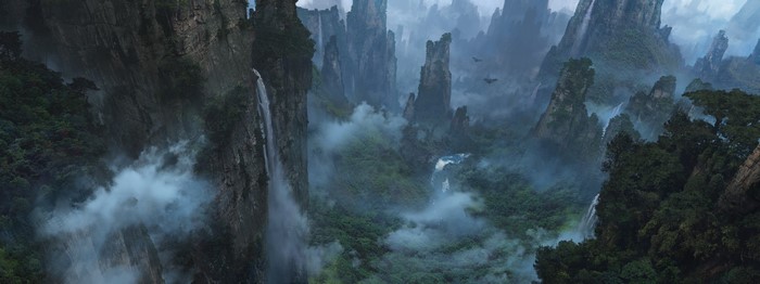 Fantasy landscape with floating mountains and waterfalls
