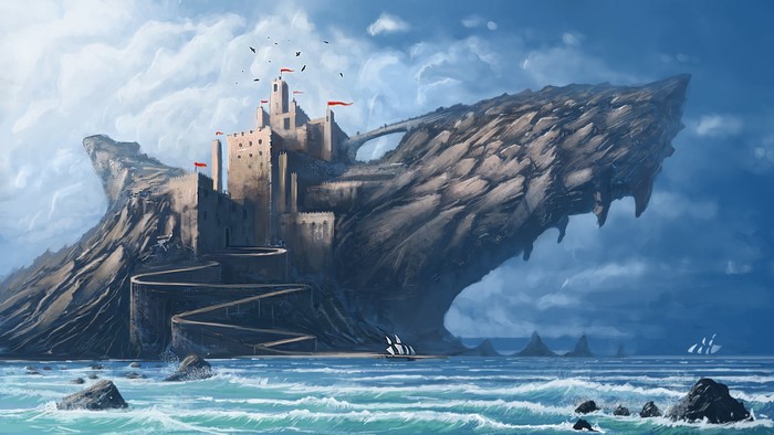 Castle on a rocky island with a sailing ship