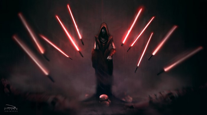 Sith Lord surrounded by lightsabers