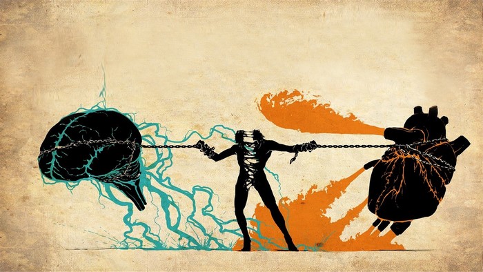 Man Tugging Heart and Brain with Chains