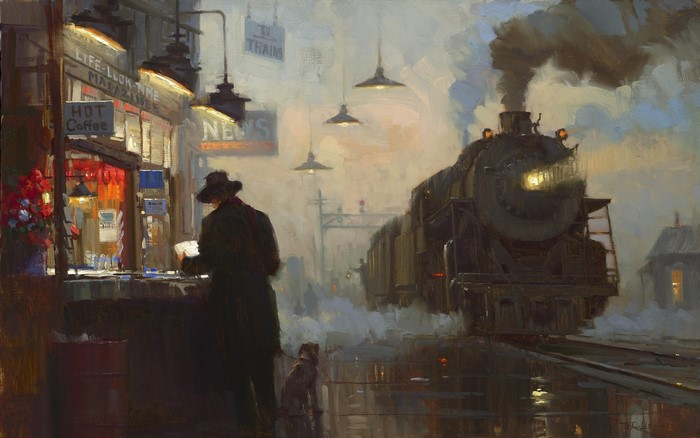 Steam locomotive at a vintage train station with a man and dog