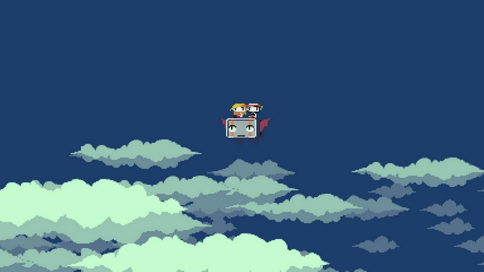 Two pixelated characters flying in a retro game