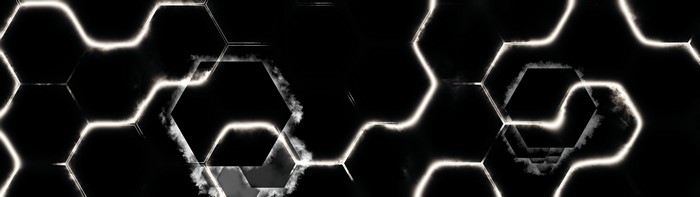 Abstract dark hexagons with glowing outlines and smoke