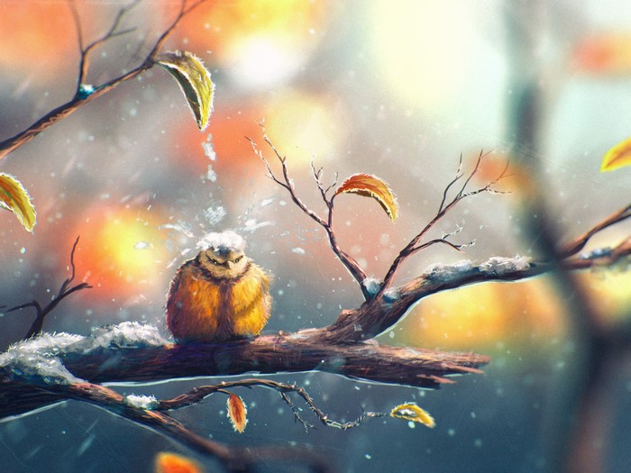 A small bird sits on a snowy branch in winter