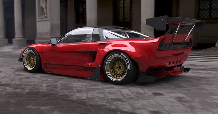 Red widebody Honda NSX with large rear wing
