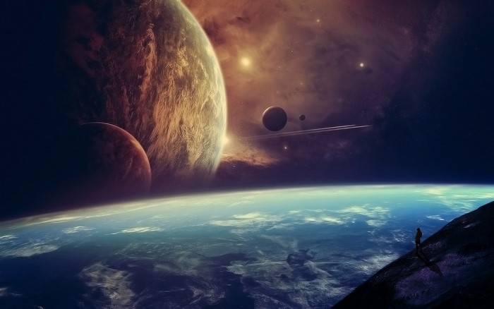 Artwork of planets and a lone figure in space