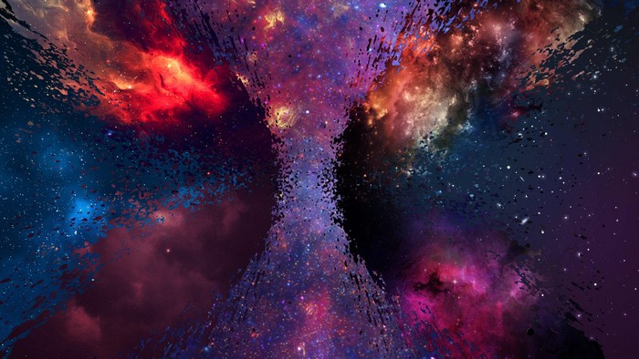 Shattered galaxy with red and blue nebulae