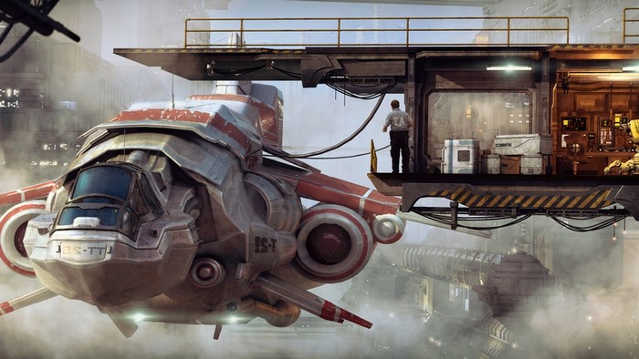 Futuristic spaceship docked at a sci-fi station