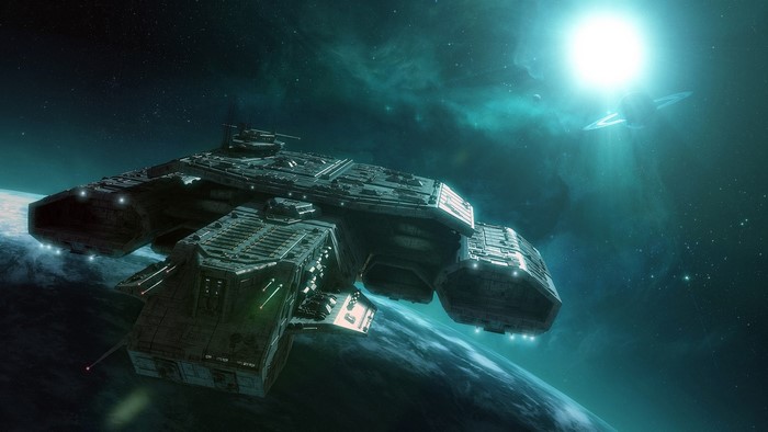 Daedalus-class spaceship orbiting a planet