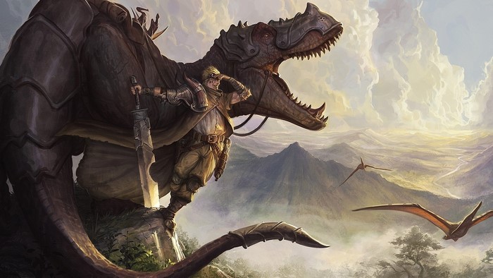 Man riding a dinosaur with a sword