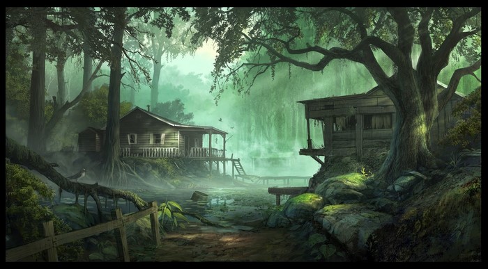 Swamp shacks in a misty forest by Andree Wallin