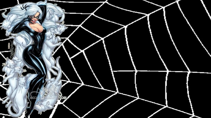 Black Cat from Spider-Man surrounded by white cats and a spider web