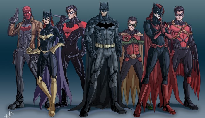 Batman characters: Red Hood, Batgirl, Nightwing, Batman, Robin, Batwoman, Red Robin