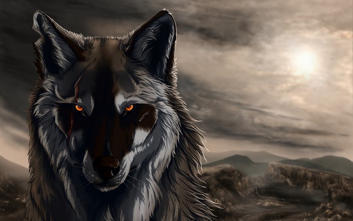 Close-up of a wolf with glowing eyes and a scar