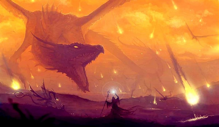 Dragons and wizard in a fiery sky