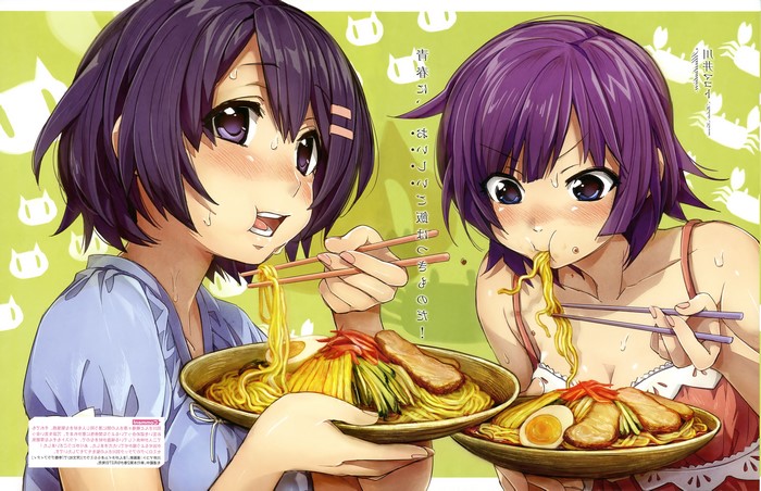 Senjougahara and Hanekawa eating noodles from Monogatari Series