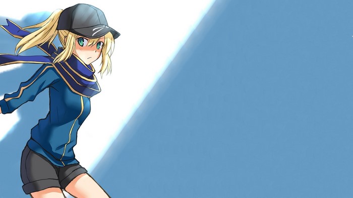 Saber from Fate/stay night wearing a cap and jacket