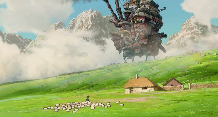 Howl's Moving Castle Over Green Meadow