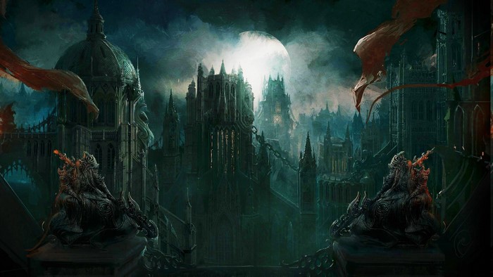 Castlevania castle at night with full moon
