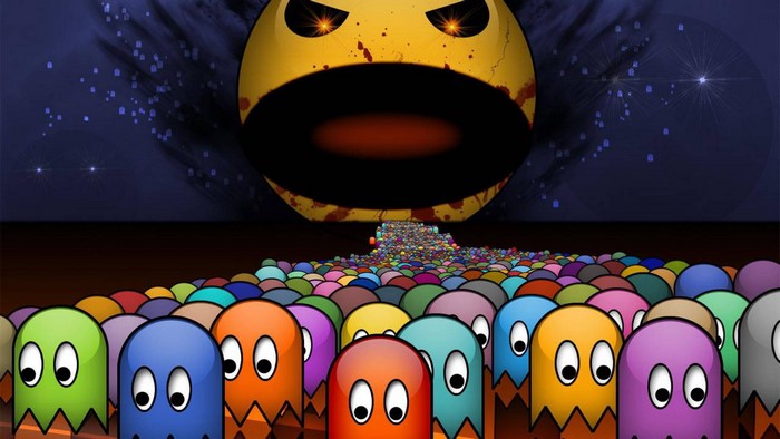 Pac-Man ghosts facing a giant evil Pac-Man