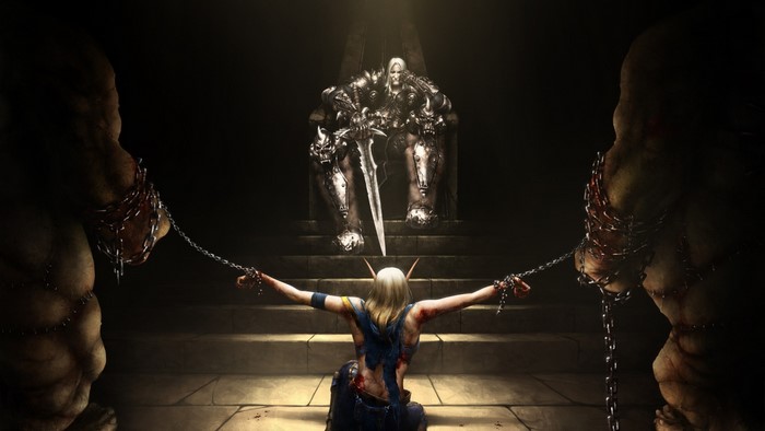 Arthas on his throne with a chained elf before him