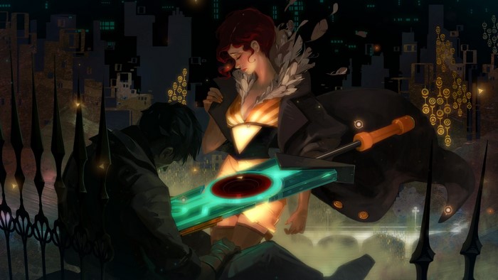 Transistor Red and the Player in a Cityscape
