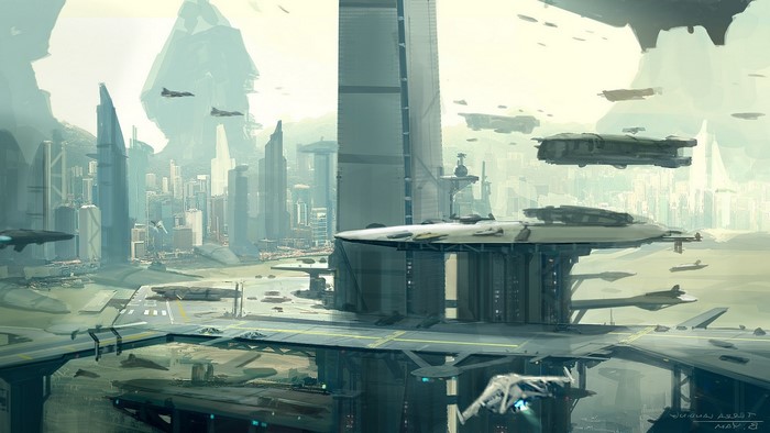 Star Citizen Futuristic Cityscape with Spaceships