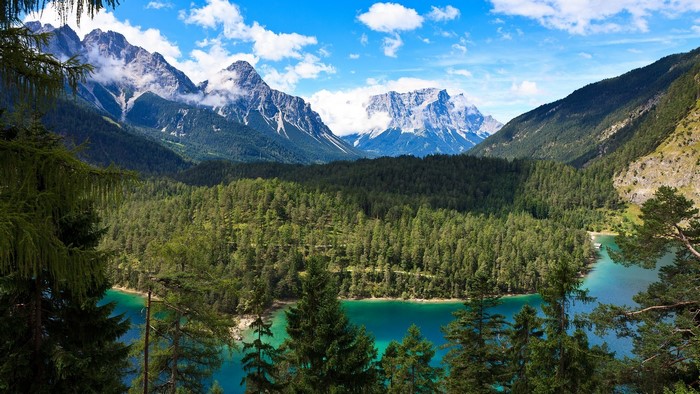 Forest lake and mountains landscape