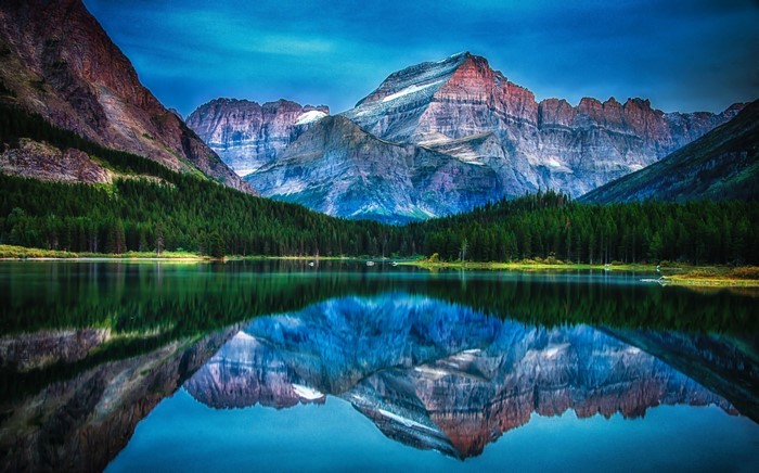 lake mountain forest reflection water sunrise morning summer glacier ...