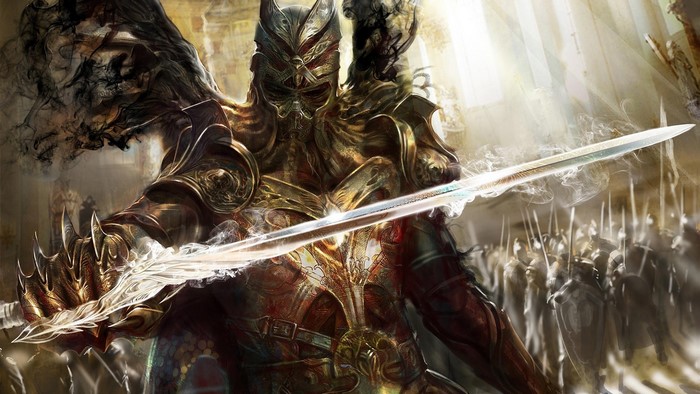 Fantasy Knight with Glowing Sword and Army