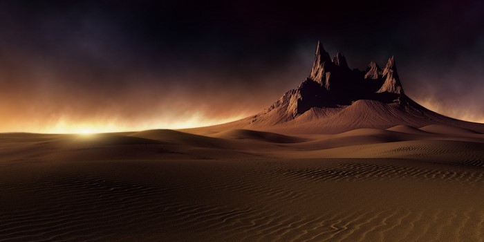 Desert landscape with mountains at sunset