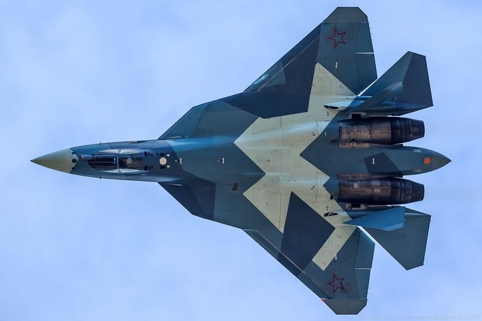 Sukhoi Su-57 (PAK FA) military aircraft in flight